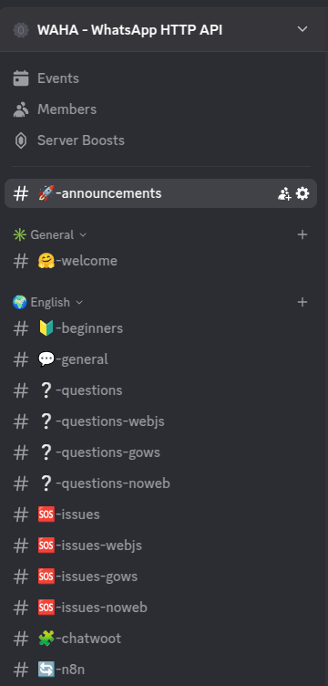 Preview of English and Português channels in the WAHA Discord
