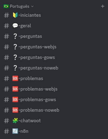 Preview of the canais em Português inside the WAHA Discord