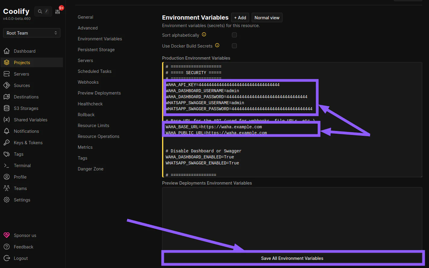 Environment variables list