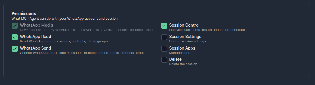 WAHA MCP agent permissions screenshot