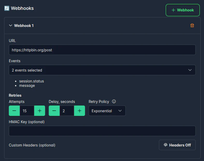 Dashboard - Webhooks